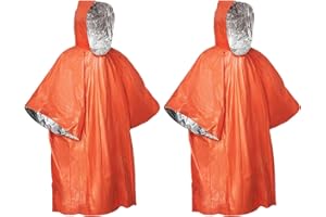 BASTOUR 2 Stück Notfall Survival Poncho, Notfall-Regenmantel mit Kapuze, Survival Regenponcho, Wasserdicht, Wärmehaltung, Reflektierend, Erste-Hilfe Rettungsdecke für Camping/Wandern/Outdoor, Orange/Silber