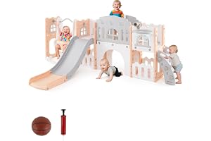 COSTWAY Barnrutschkana med klätterställning och gunga, rutschset med gunga, basketkorg, teleskopratt, Montessori inomhuslekplats för barn från 1 år (grå +