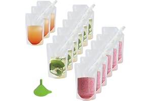 SHAKEEL 15pcs Clear Drink Pouches for Festivals with Funnel and Stickers, Leak Proof Juice Liquid Pouches Bags, Beverage Bags Festival Essentials, Plastic Hip Flask for Parties, Picnic, Travel, Sports