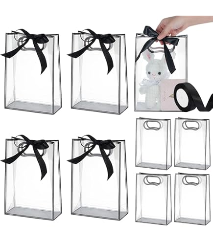 24 Transparente PVC-Geschenktüten Mit Schwarzer Schleife – Wiederverwendbar, 15x16 Cm, Mit Griffen