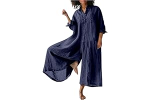 RMBLYfeiye Leinen Jumpsuit Damen Revers Einfarbiges Langarm Latzhose Mit Taschen Knopfleiste Weites Bein Trägerhose Baumwoll Leinen Sommer Overall Arbeitslatzhose Latzhose Oversize
