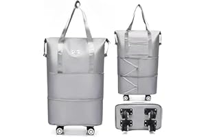 QSLKI Rozszerzalna duża torba podróżna z kółkami, wodoodporna lekka składana walizka podróżna na 4 kółkach, torba weekendowa, składana torba podróżna, torba na kółkach, bagaż podręczny, szary,