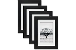 Egofine 6x4 Photo Frames,100% Solid Wood Frames with Acrylic Glass Set of 4,Matted for 3.5x5/4x6 inch Picture,6x4 Picture Frames for Tabletop and Wall Mounting,10x15 cm Small frames for Printing,Black