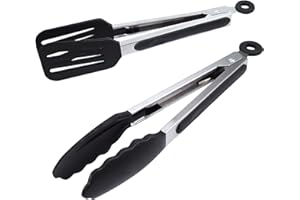 Alimat PluS Kitchen Tongs 9 Inches, Cooking Tongs with Stainless Steel, Silicone Tongs for Serving, Nonstick Food Tongs Set of 2, Black
