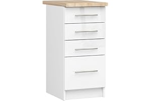 AKORD | Armadio da Cucina con Piano di Lavoro - Oliwia S40 | Mobiletto Base con 4 Cassetti | Mobile Ingresso | Credenza | Penisola | Armadietto | 46 x 40 x 85 cm | Bianco | Bianco lucido