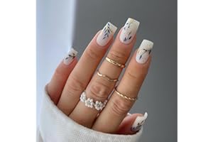 Ceboic 24 szt. francuska prasa do paznokci, kwadratowa, średnia balerina, sztyft, sztuczne paznokcie, złote niebieskie liście, akrylowe, sztuczne paznokcie, klej wielokrotnego użytku, dla kobiet