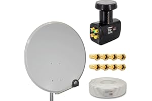 PremiumX Satelliten-Komplettanlage 4 Teilnehmer 80cm Satellitenschüssel Hellgrau SAT Quad LNB 50m Antennenkabel 8X F-Stecker