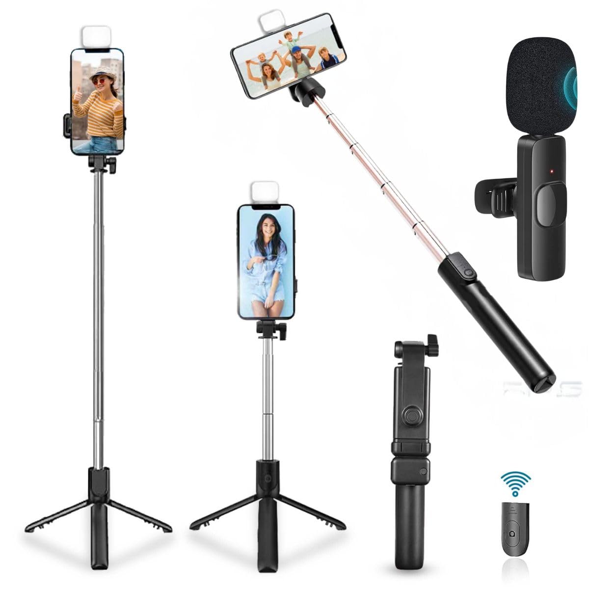 GADGETSWEAR Mobile Stand Selfie Stick Phone with Tripod Holder for Video Recording, (Combo with K8 Mic), Vlogging Accessories Kit, YouTube Making Gadgets Photo/Videos Remote, 360
