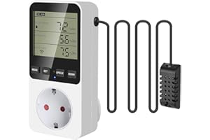 AIFIZO Hygrostat Steckdose mit Fühler, Feuchteregler 16A 230V für Luftbefeuchter Luftentfeuchter Pilz Terrarium, 20~99% RH, -10°C~50°C, Feuchtigkeitsregler Temperaturregler mit Alarm