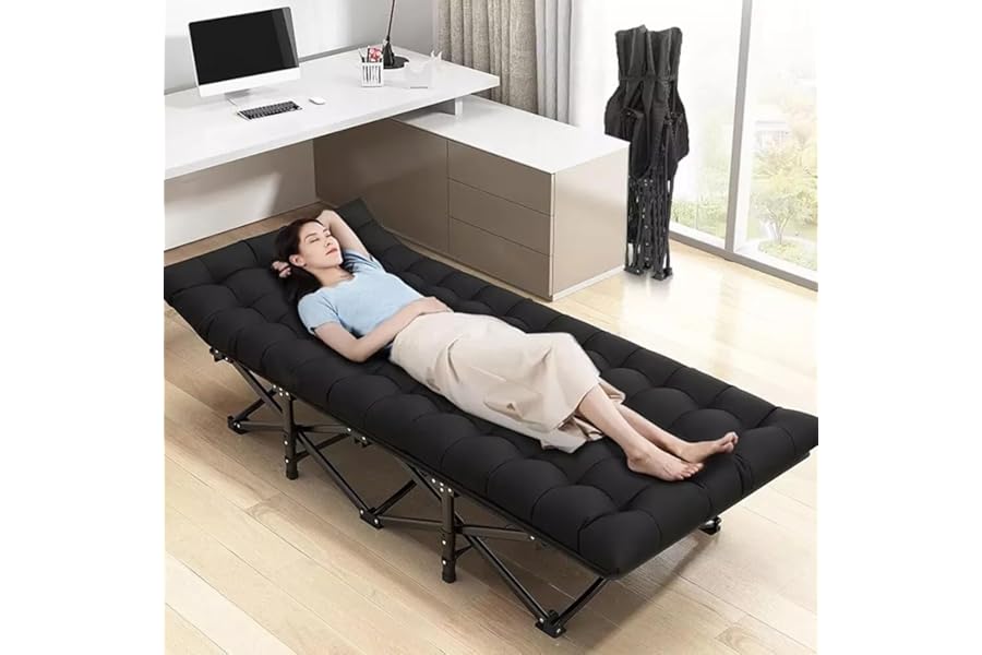 WoldTrek Camping Cot with Thick Pad, Folding Camping Cot Oversize Cots for Sleeping Camping Bed Folding Cot for Camping W/Pilllow Mattress for Home Office Nap Beach Travel, 600LBS (190 * 68CM-Black)