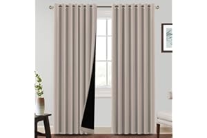 BellaHills 100% Blackout Curtains for Bedroom Thermal Insulated Blackout Curtain Heat and Full Light Blocking Eyelet Curtains for Living Room with Black Liner 2 Panels, 90 x 90 Inch, Natural Sand