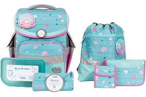 SCHOOL-MOOD - Schulranzen Set Meerjungfrau, 7-teilig - Timeless Air+ - ergonomischer Schulranzen Jungen & Mädchen - Schultasche für Kinder in der 1. bis 4. Klasse - Lilly (Meerjungfrau)