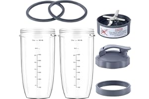 MEET JUICE Nutribullet - Juego de 7 vasos de licuadora y cuchilla de repuesto de 32 onzas con 1 tapa abatible para llevar y 1 anillo de tapa y cuchilla extractora de alta calidad compatible con licuadora