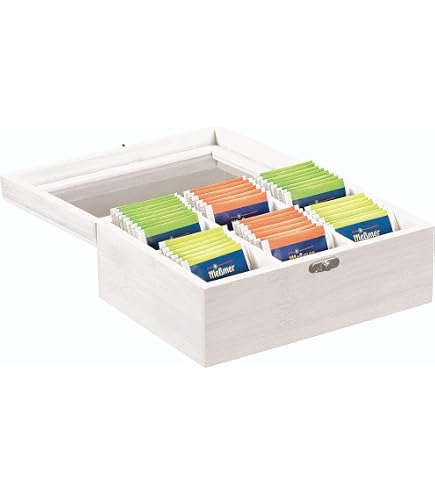 Teebox Mit 12 Fächern & Glasdeckel - Aufbewahrung Für Teebeutel, Zucker, Kaffeekapseln, Aus Holz