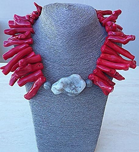 Red paprika coral, labradorite and grey agate necklace