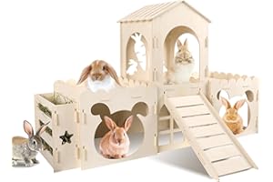 EAROND Large Rabbit Hideout Bunny Castle, Wooden Bunny House & Hay Feeder, Detachable Rabbit Hideaway, Indoor Rabbit Castle with Ramp, Small Animal Houses & Habitats