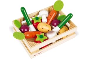 Janod - Gemüsekiste mit 12 Holzfrüchten, Puppen-Teeküche, Küchenset, Kaufladen-Zubehör, Spielzeugnachbildung, ab 3 Jahren, J05611