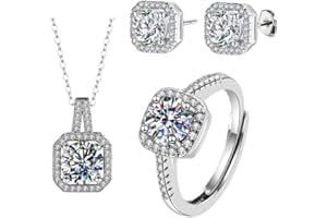 FDEETY Silver Jewellery Set for Women, 925 Sterling Silver Pendant Necklace Ring and Earrings Set, 3A Cubic Zirconia Crystal Jewelry Set for Wedding Engagement Birthday