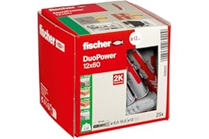 Fischer DuoPower 12 x 60, Powerful Universal Plug, Intelligent 2-Component Technology for fastenings in Concrete, Bricks, Stone, etc., 25 Plugs Without Screws