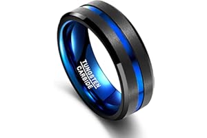 Vakki Ring Herren Damen 6mm/8mm Wolfram Ringe Schwarz/Silber/Schwarz Blau Eheringe mit Rille und Abgeschrägte Kanten Größe 52(16.6)-72(22.9)