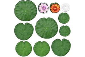 PERFETSELL 8 PCS Realistic Lily Pads Artificial Lotus Leaves Leaf Fake Water Lily Pads Ornaments, 2 PCS Floating Foam Lotus Flowers Floating Pond Plants, Fish Line for Pond Pool Aquarium Water Decor