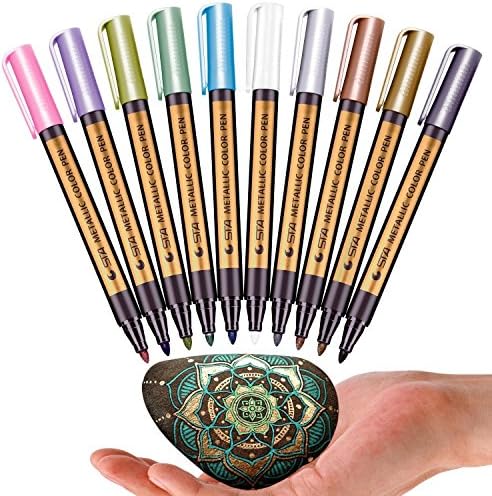 10 Colours Metallic Marker Pens, Set of 10 Pens With Metallic Sheen Glitter, Calligraphy Brush Markers For Card Making, Rock Painting, Glass, Metal, Wood, Works on Most Surfaces, DIY Photo Album