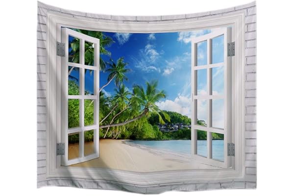 A.Monamour Tapisseries Décoratives Île Tropicale Palmier Bleu Océan Bord De Mer Plage Paysage Vue De La Fenêtre Ouverte en Bois Blanc Impression Polyester Tapisserie Murales 153X130Cm