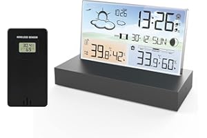 ALLOMN Weather Station with Outdoor Wireless Sensor, Wireless LCD Display Digital Weather Station with Dual Alarm Clock/Date Time/Temperature/Humidity/Alert/Barometric/Weather Forecast for Home