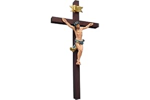 Kaltner Präsente Idea de regalo: 35 cm Crucifijo de pared de madera de abeto de nogal teñido, pintado a mano, figura de Jesucristo de resina fundida, decoración