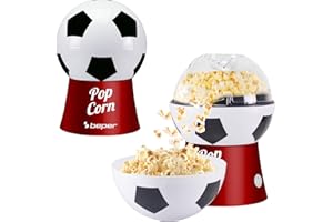 BEPER P101CUD053 Máquina para hacer palomitas de maíz con aire caliente, diseño de balón de fútbol, sin aceite, rápida y compacta, recipiente incluido, ideal para noches de cine y aficionados
