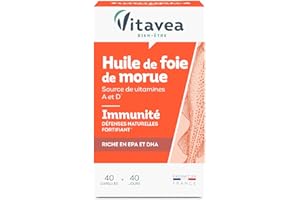 VITAVEA BIEN-ETRE Vitavea - Huile de Foie de Morue - Complément Alimentaire Immunité, Défenses Naturelles, Fortifiant - Omega 3, DHA et Vitamines - Vitamine D et A - 40 Capsules - Cure de 40 jours - Fabriqué en France