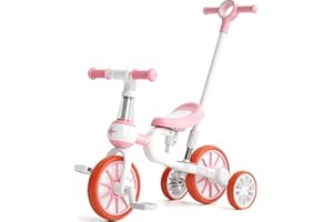 FAYDUDU 5 in 1 Toddler Bike Baby Trike with Parent Handle Bike for 2 Year Old Kids Tricycles for 2-4 Year Old Toys for Boy & Girl, Balance Training, Removable Pedals (Pink)