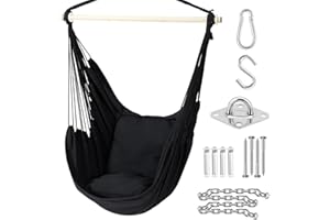 Swing Chair with Hardware Kit: Ohuhu XL Portable Hanging Chairs with 2 Cushions Detachable Metal Support Bar Side Pocket for Indoor, Hammock Chair for Patio Bedrooms Teen Girls Room Decor, Black