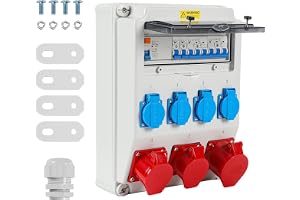 Hebitod Distributör för byggarbetsplatser, väggfördelare, 1 x 32 A 2 x 16 A 4 x 230 V med LS+FI med strömbrytare, väggfördelare med RCCB, CEE-uttag 16/32 A för byggarbetsplatser