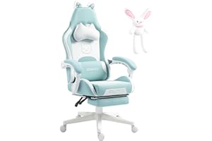 Dowinx Krzesło gamingowe, edycja słodkiego kota, ergonomiczne krzesło komputerowe z wysokim oparciem i podparciem okolic lędźwiowych, skóra PU, podnóżek, niebieskie, LS-6655