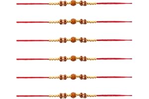 INDIABAZAAR Rakhi Thread for Brother Set of 6 Raksha Bandhan Handmade Wooden Brown Beads Rakhi Rakshabandhan Rakhadi Wrist Band Threads for Bhaiya Hindu Indian Festival Gift