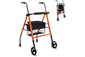 Mobiclinic, Nerón, Déambulateur 2 roues, Rollator, Pliable et réglable, Marque européenne, Avec panier siège, Léger, Orange, Acier