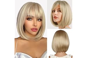 PLLYPE Gerade Kurze Charmante Bob mit Bangs Perücken, Blonde Bob Perücken für Frauen,Kurze Bob Gerade Perücken Natur Hitzebeständige Synthetische Faser für Tägliche Party Cosplay Tragen
