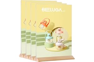 POERMA Porta Cartelli in Acrilico A4, Supporto da Tavolo, Base in Legno Porta Menù, Espositori in Plastica 4 Pezzi