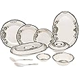 36 Piece Melamine Dinnerware Contemporary Flower Print Design Set, Shatterproof, Lightweight, Artisanal Double Bead Plates & Bowls, Solid Reactive Glazes Dinner (Grey Flowers)