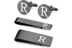 Morfetto 4 PIEZAS de Acero Inoxidable Grabado Inicial Gemelos y Barra de Corbata Juego de Clips para Dinero Clip de Corbata Letra del Alfabeto A-Z con Caja de Regalo para, Hombre Novio Boda Negocios