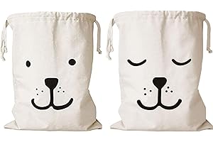 TFSYLISA 2 Canvas Drawstring Laundry Bags Washable Large Drawstring Cotton Bag Toys Storage Travel Stuff Bags for Clothes Sleep&Smile Bear 60X48CM