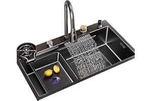 MENG WEI SHOP Fregadero De Cocina En Cascada Fregadero De Acero Inoxidable Negro Fregadero Grande De Un Seno Grifo Extraíble Incluye Lavavasos Y Accesorios (S : 60x45cm)