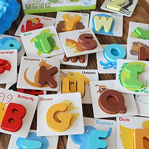 JUN 26 Letters Cognitive Card Wooden Letters Puzzle Toy, Alphabet Wooden Educational Letter Puzzle, Animal Letters Preschool Learning Toy - Perfect For Children To Develop Intelligence Learning There Alphabet Wooden Jigsaw Puzzle Toys for Children 1-3 years old, Enlightenment Early Childhood Educational Toys Alphanumeric Cognitive Three-dimensional Puzzle Wooden Toys