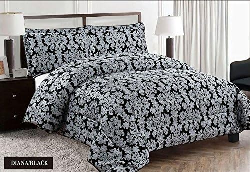 King Size 3 Pieces Bedspread Modern Jacquard Quilted Floral Pattern Bedding Set Includes Comforter &amp; 2 Pillow Cases (BLACK)