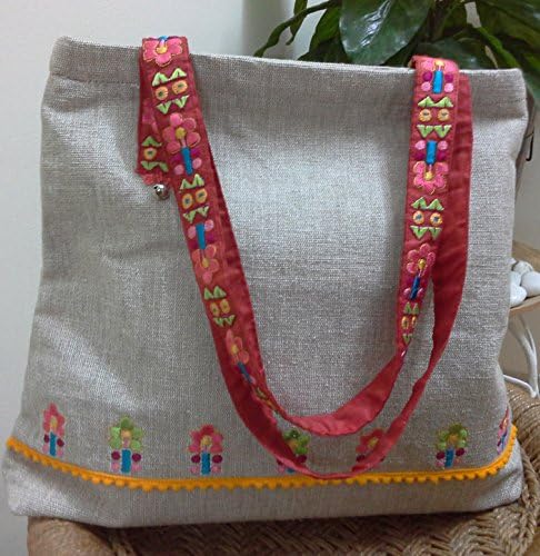 Panigha India Handmade Embroidered Tote Bag/Shoulder Bag with Top Handles in Beige Color