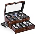 BEWISHOME Watch Box, 20 Slots Watch Case for Men - Luxury Watch Organizer with Glass Top,Smooth Faux Leather Interior, Brown SSH04Y
