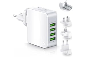 Reiseadapter Weltweit mit 4 USB Universal Reisestecker Adapter Ladegerät 22W, Internationaler Steckdosenadapter Travel Adapter Weltreise Steckdose Netzteile für USA UK EU AUS Europa England Thailand