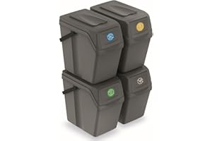 PROSPERPLAST Set de 4 Cubos de Basura KEDEN SORTIBOX para Reciclado, Gris, Volumen 4x25L