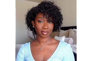 STARWINING Perruque Bouclée Femme Perruque Femme Naturelle Courte Perruque avec Frange Culry Peruque Naturel Courte Femme Bouclée Noir Naturel Wig Human Hair with Bangs 8 pouces